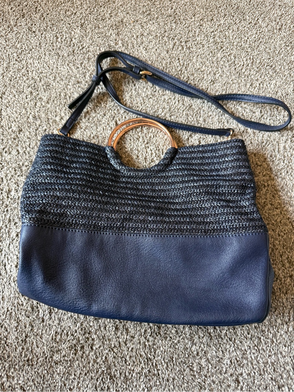 LC Lauren Conrad Navy Woven & Leather Shoulder Bag with Wooden Handle